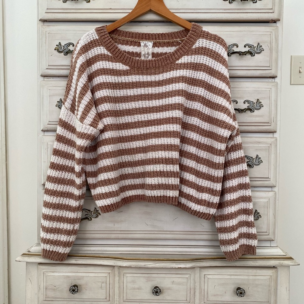 Vici Brown and White Striped Cropped Sweater